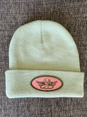 Boys Lie Mint Green Beanie with Pink Cherub Patch